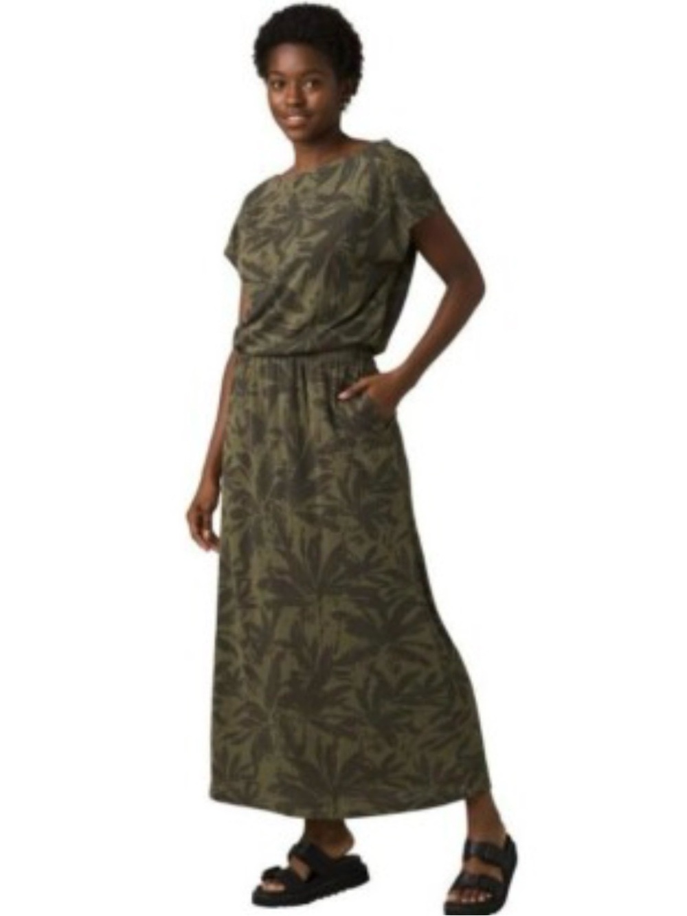 prAna Cozy Up Skyland Maxi Dress Cargo Palms Olive Green Size Small